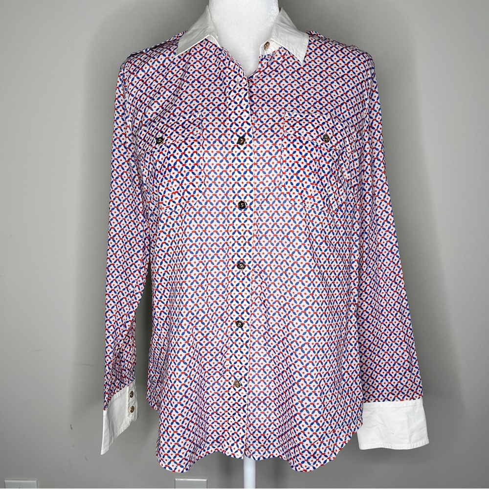 Tory Burch Red, Blue & White Print Button Down Front Long Sleeve Shirt 12